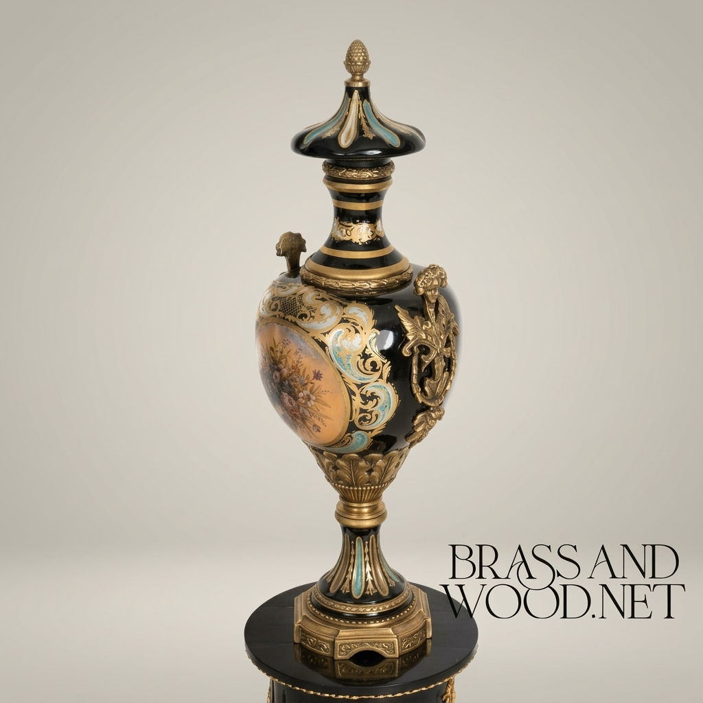 Victorian Rococo Lidded Urn Vase with Hand-Painted Floral Medallion & Acanthus Mounts — Antique Gold