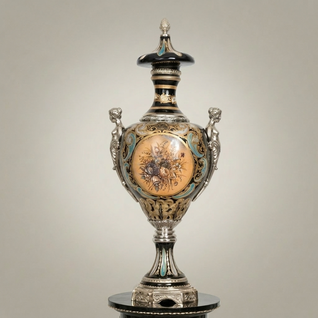 Victorian Rococo Lidded Urn Vase with Hand-Painted Floral Medallion & Acanthus Mounts — Silver