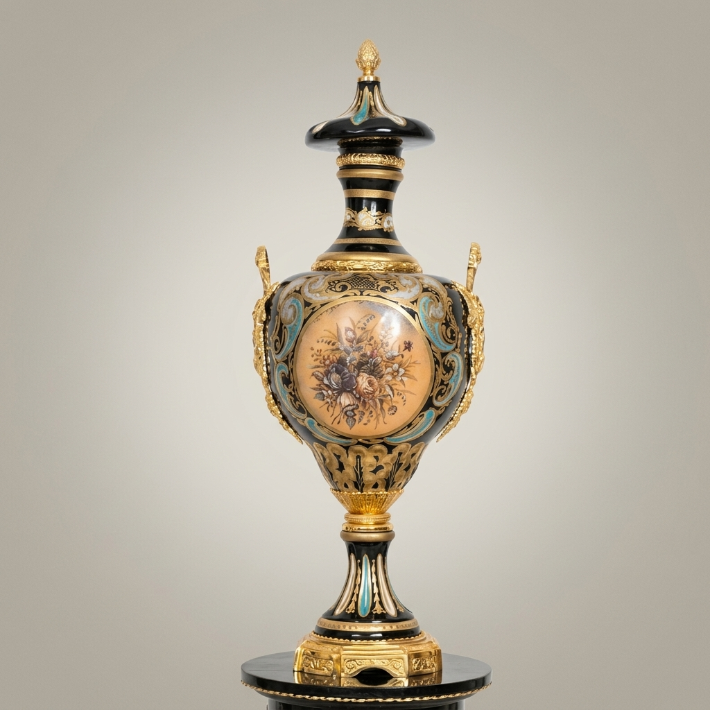 Victorian Rococo Lidded Urn Vase with Hand-Painted Floral Medallion & Acanthus Mounts