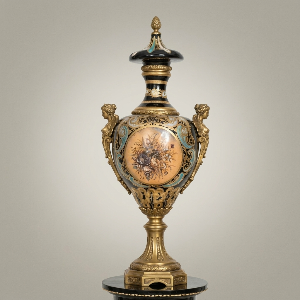 Victorian Rococo Lidded Urn Vase with Hand-Painted Floral Medallion & Acanthus Mounts — Antique Gold