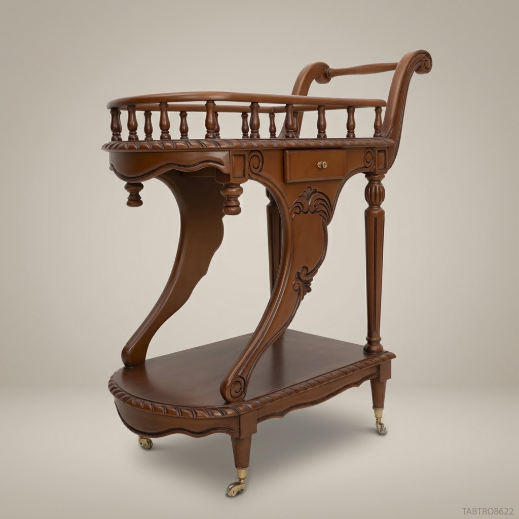 Victorian Tea Trolley | Carved Solid Wood | Antique Walnut Finish