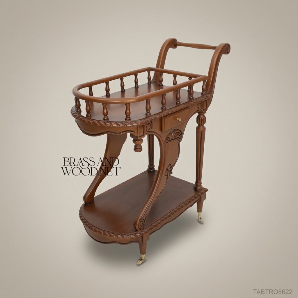 Victorian Tea Trolley | Carved Solid Wood | Antique Walnut Finish