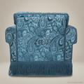 Victorian fully upholstered armchair teal paisley jacquard bullion fringe skirt braided gimp trim Main View | Brass & Wood