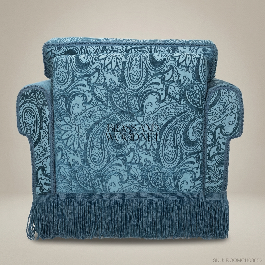 Victorian fully upholstered armchair teal paisley jacquard bullion fringe skirt braided gimp trim Main View | Brass & Wood