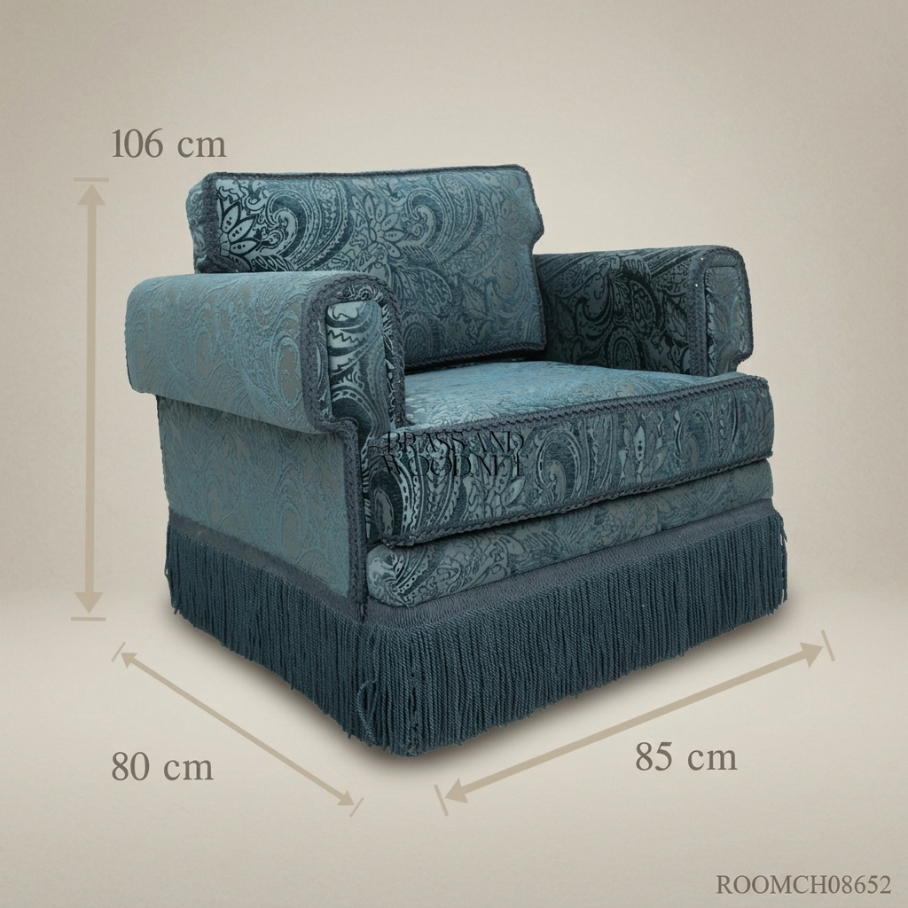 Victorian fully upholstered armchair teal paisley jacquard bullion fringe skirt braided gimp trim View 2 | Brass & Wood