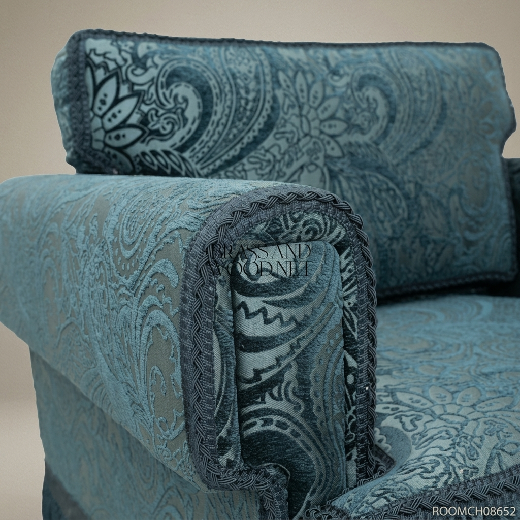Victorian fully upholstered armchair teal paisley jacquard bullion fringe skirt braided gimp trim View 4 | Brass & Wood
