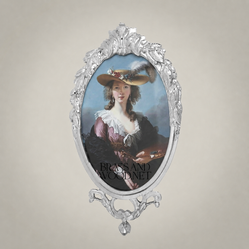 Rococo Oval Brass Photo Frame with Acanthus Crown & Scroll Base — Silver