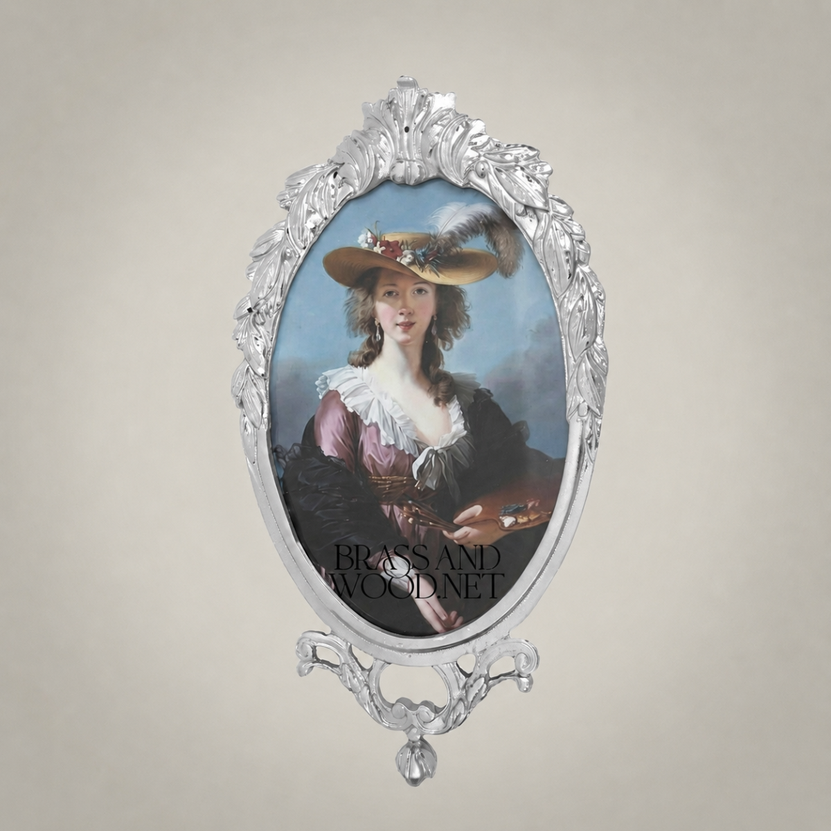 Rococo Oval Brass Photo Frame with Acanthus Crown & Scroll Base — Silver