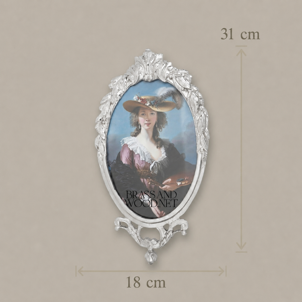 Rococo Oval Brass Photo Frame with Acanthus Crown & Scroll Base — Silver