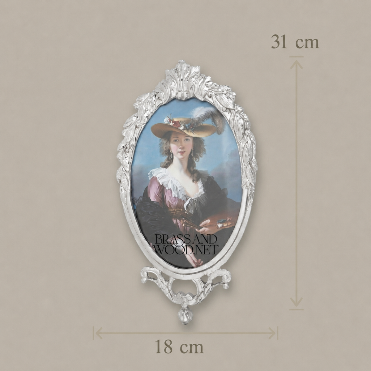 Rococo Oval Brass Photo Frame with Acanthus Crown & Scroll Base — Silver