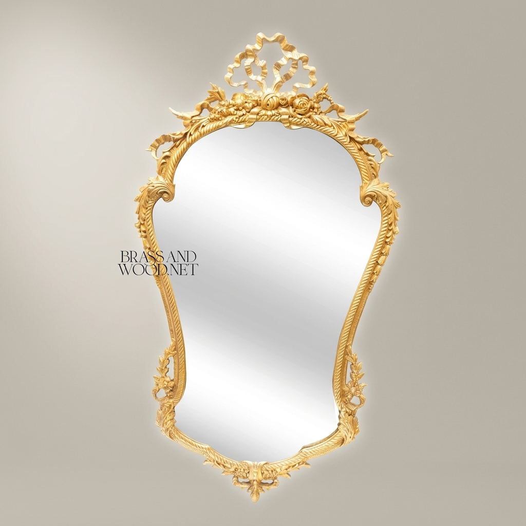 Rococo Hand-Carved Wall Mirror with Rose Garland Crown & Rope-Twist Frame — Gold