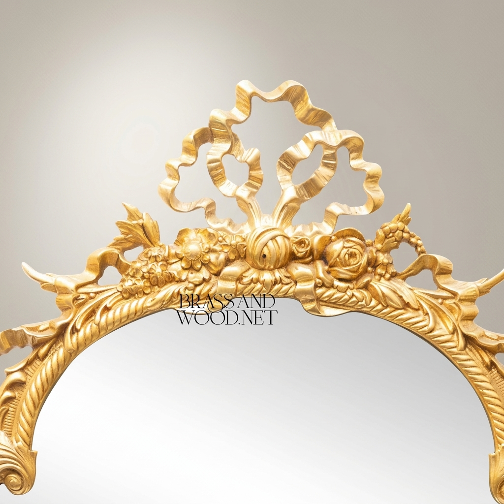 Rococo Hand-Carved Wall Mirror with Rose Garland Crown & Rope-Twist Frame — Gold