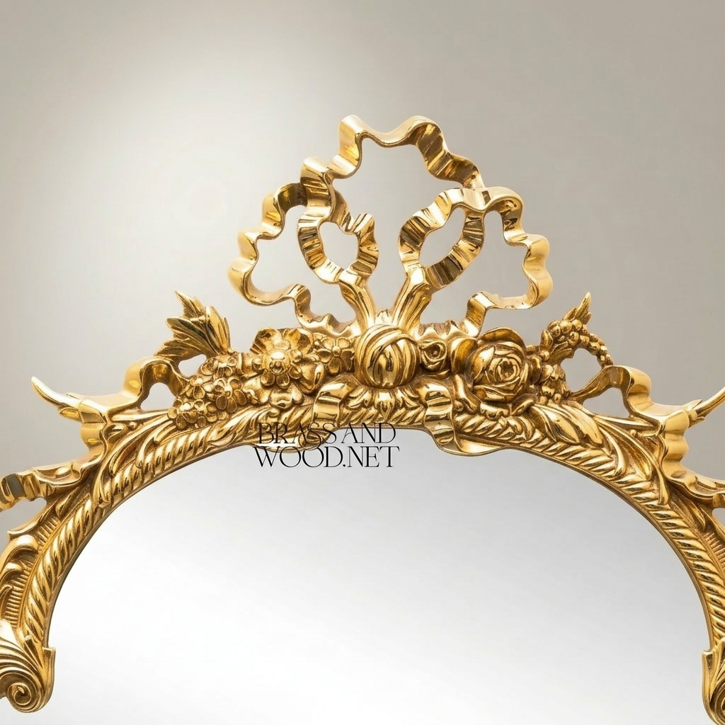 Rococo Hand-Carved Wall Mirror with Rose Garland Crown & Rope-Twist Frame — Antique Gold