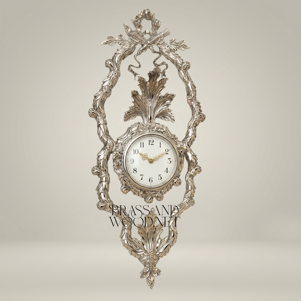 Louis XVI Neoclassical Gilded Cartel Wall Clock - Laurel Wreath & Acanthus Frame — Silver